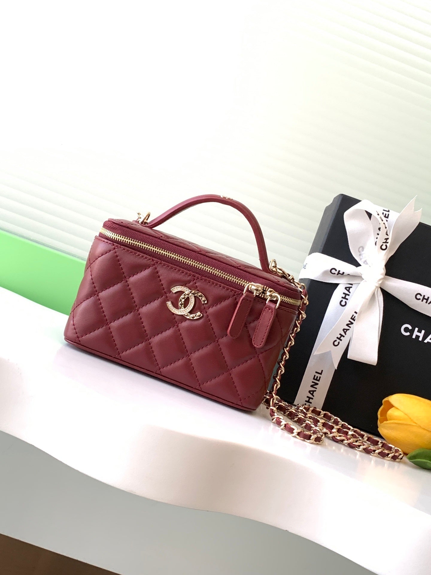 Chanel Classic Vanity Case Black Quilted Leather with Chain Strap AP4494