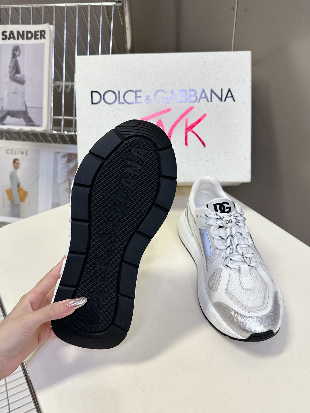 Dolce & Gabbana Unisex White And Silver Mesh Sneakers With Branding