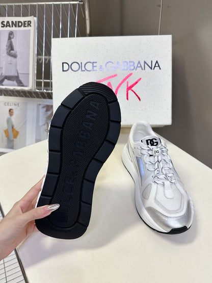 Dolce & Gabbana Unisex White And Silver Mesh Sneakers With Branding