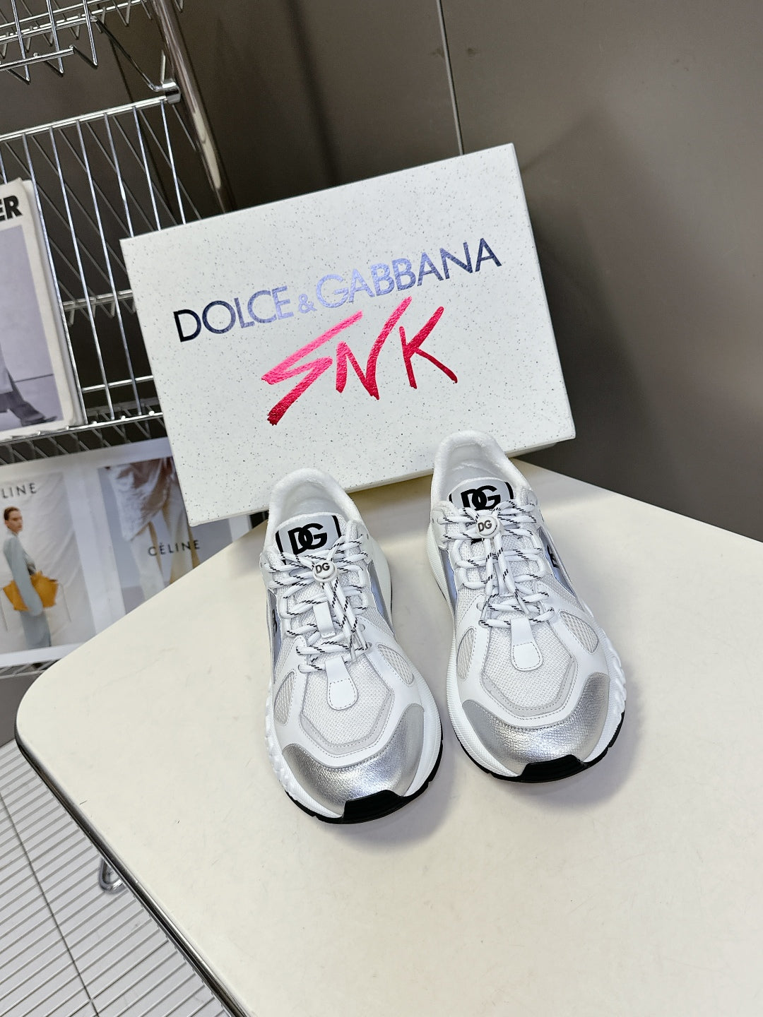 Dolce & Gabbana Unisex White And Silver Mesh Sneakers With Branding