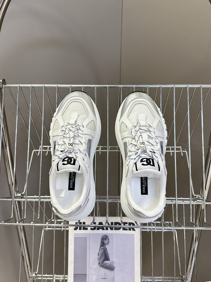 Dolce & Gabbana Unisex White And Silver Mesh Sneakers With Branding