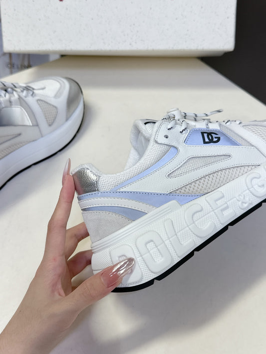 Dolce & Gabbana Unisex White And Silver Mesh Sneakers With Branding