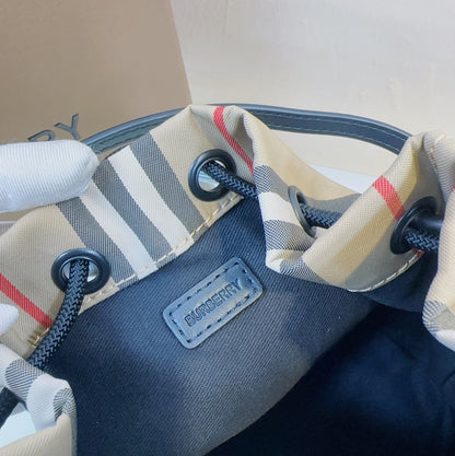Classic Beige Burberry Striped Bucket Bag With Drawstring Closure And Leather Straps Style No.1151
