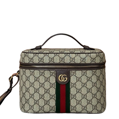 Gucci Beige and Ebony GG Supreme Canvas Top Handle Vanity Case with Web Stripe 811489