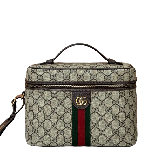 Gucci Beige and Ebony GG Supreme Canvas Top Handle Vanity Case with Web Stripe 811489