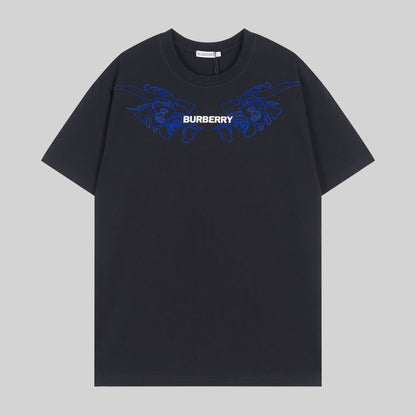 Burberry White/Black/Gray T - Shirt With Blue Equestrian Knight Graphic And Brand Logo