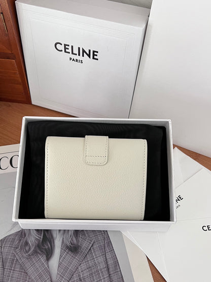 Celine VICTOIRE Triomphe Beige Leather Compact Wallet With Gold Hardware 100963