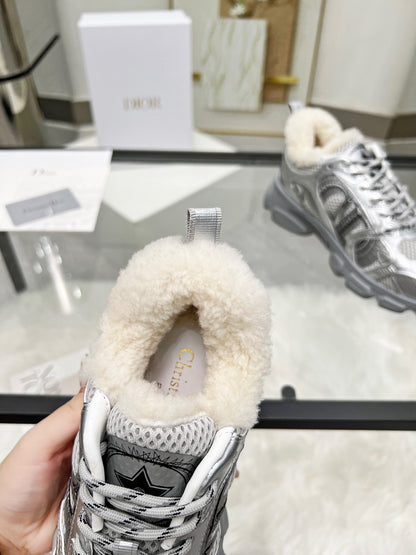 Women's Dior Silver Sneakers With Cozy Fleece Lining