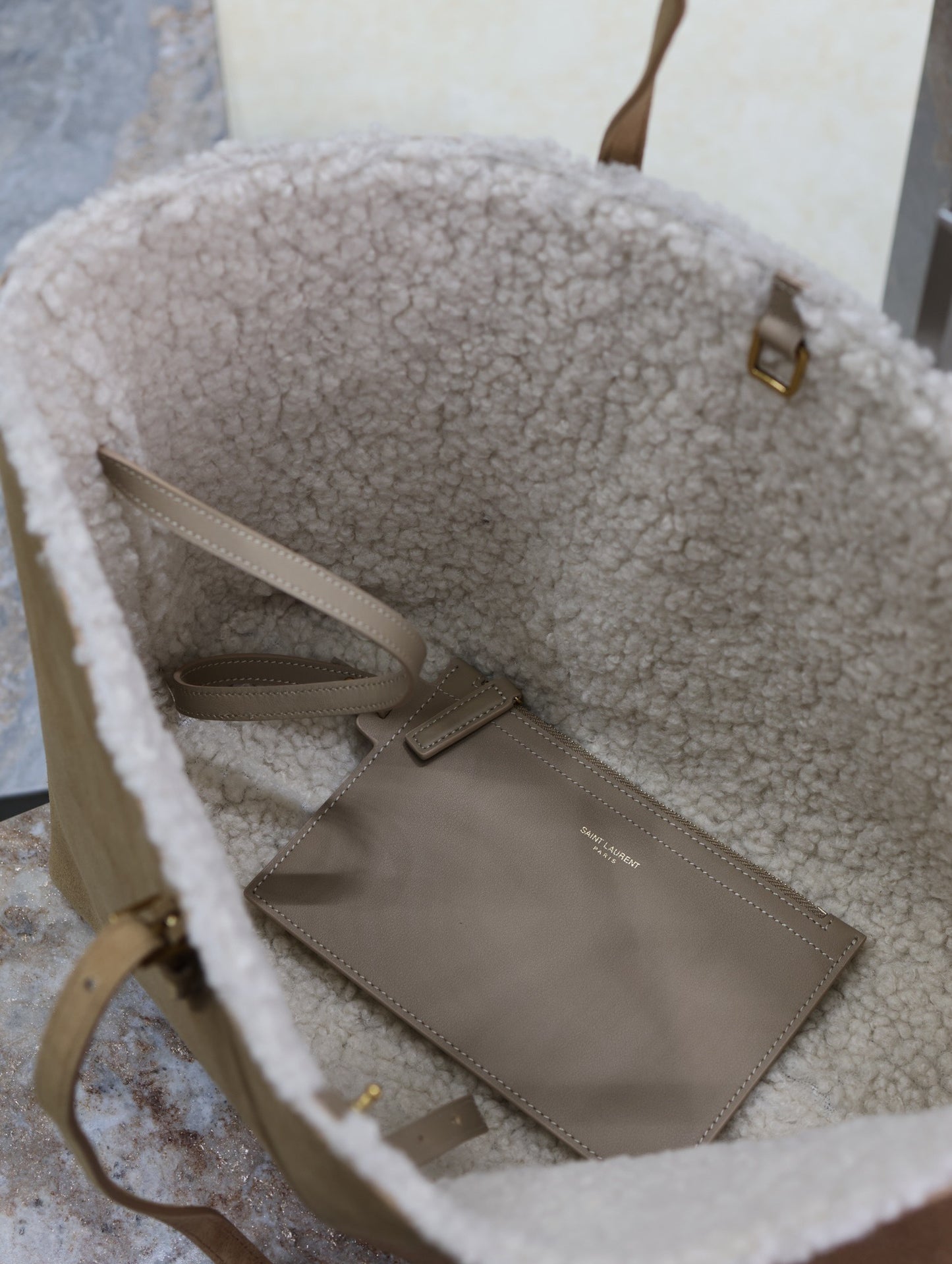 YSL Shopping tote bag Beige Suede Shearling - Lined Tote With Matching Pouch 394195