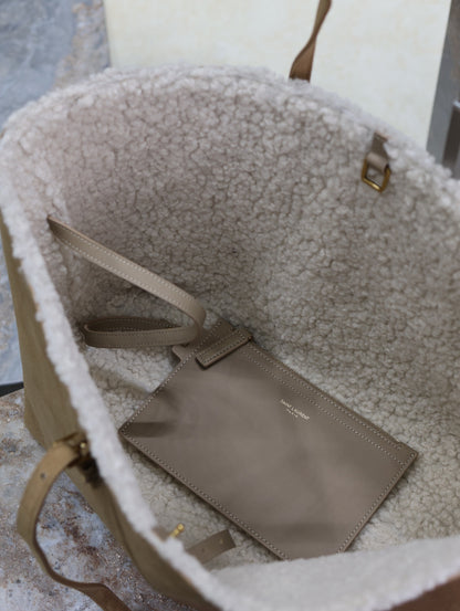 YSL Shopping tote bag Beige Suede Shearling - Lined Tote With Matching Pouch 394195