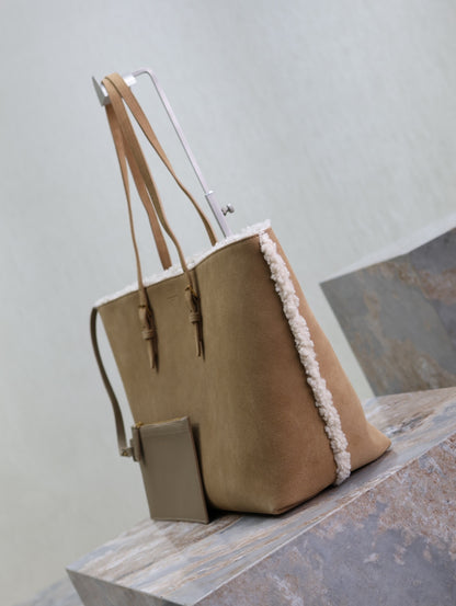 YSL Shopping tote bag Beige Suede Shearling - Lined Tote With Matching Pouch 394195