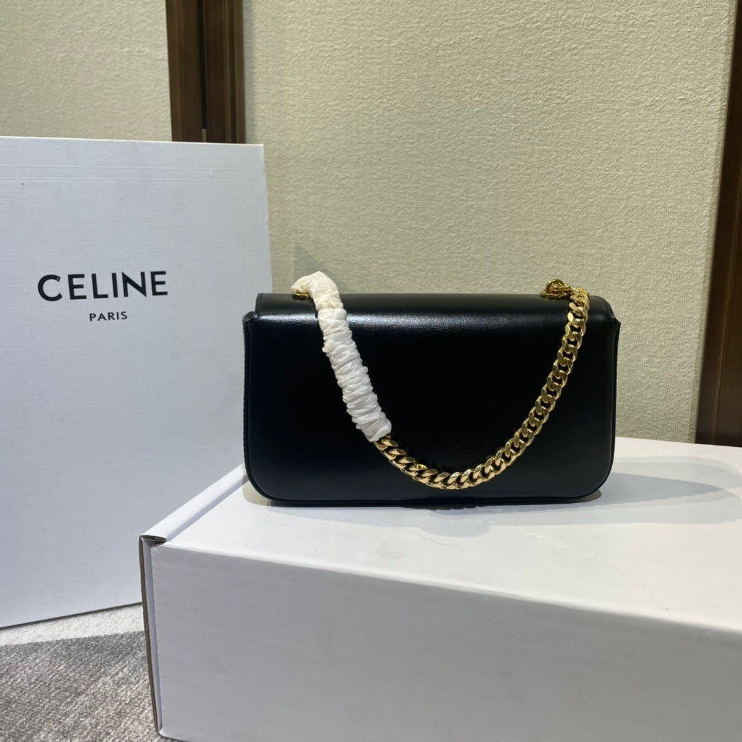 Celine Black Leather Crossbody Bag With Gold Chain And Triomphe Buckle 197993