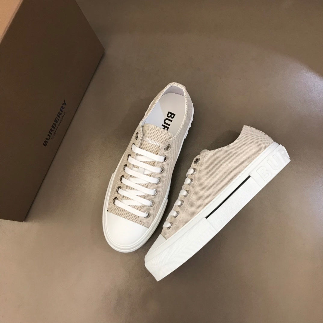 Burberry Unisex Beige Textured Canvas Sneakers Stylish Comfortable Footwear For Men And Women With Minimalist Elegance