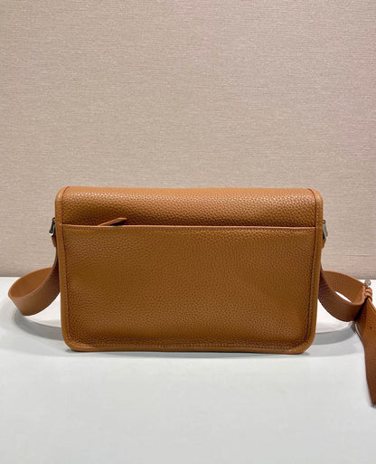Prada Brown/Black/Gray Grained Leather Crossbody Bag With Signature Logo Plate 2VD075