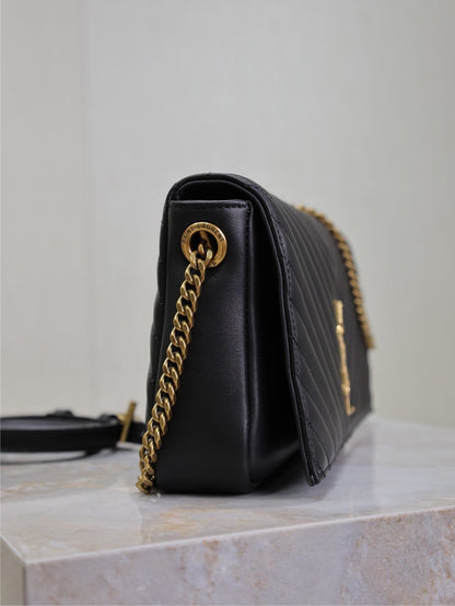 YSL Kate Black Quilted Leather Chain Crossbody Bag with Gold Logo 604276