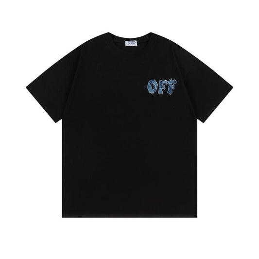 Off White White/Black T - Shirt With Distressed Blue "OFF" Logo On Chest