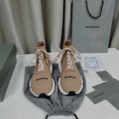 Balenciaga Unisex Beige Lace-up Sock Sneakers Fashionable Footwear for Men and Women with Unique Design