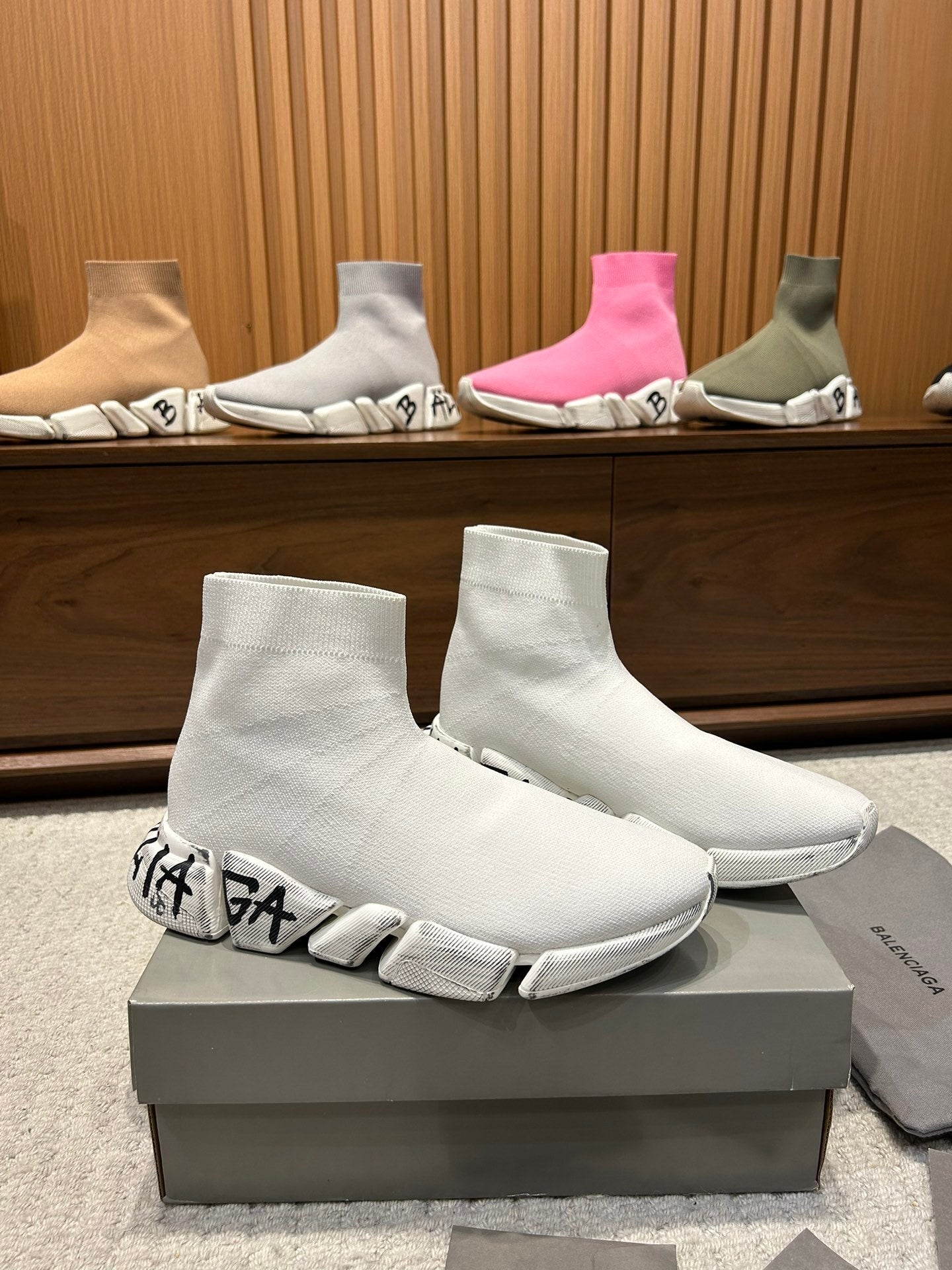 Balenciaga Unisex Sock Sneakers Stylish White Design with Graffiti Detail for Fashion Enthusiasts