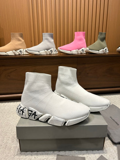 Balenciaga Unisex Sock Sneakers Stylish White Design with Graffiti Detail for Fashion Enthusiasts