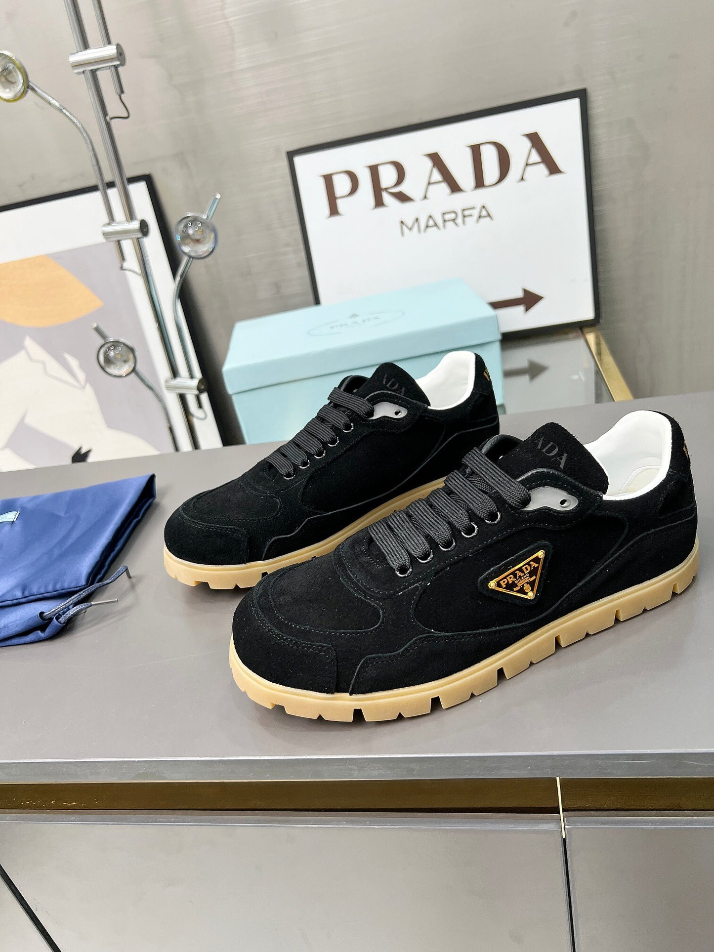 Prada Unisex Sneakers Triangle Logo Suede Luxury Sneakers