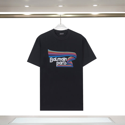 Balmain White/Black Tee With Colorful Striped Logo For Fashion - Forward Casual Outfits