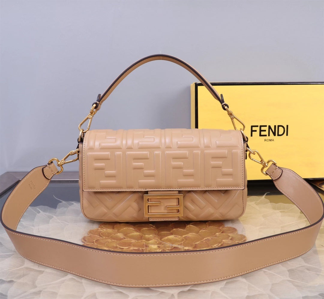 Chic Fendi Baguette Bag With Embossed FF Pattern And Gold - Tone Hardware 52039