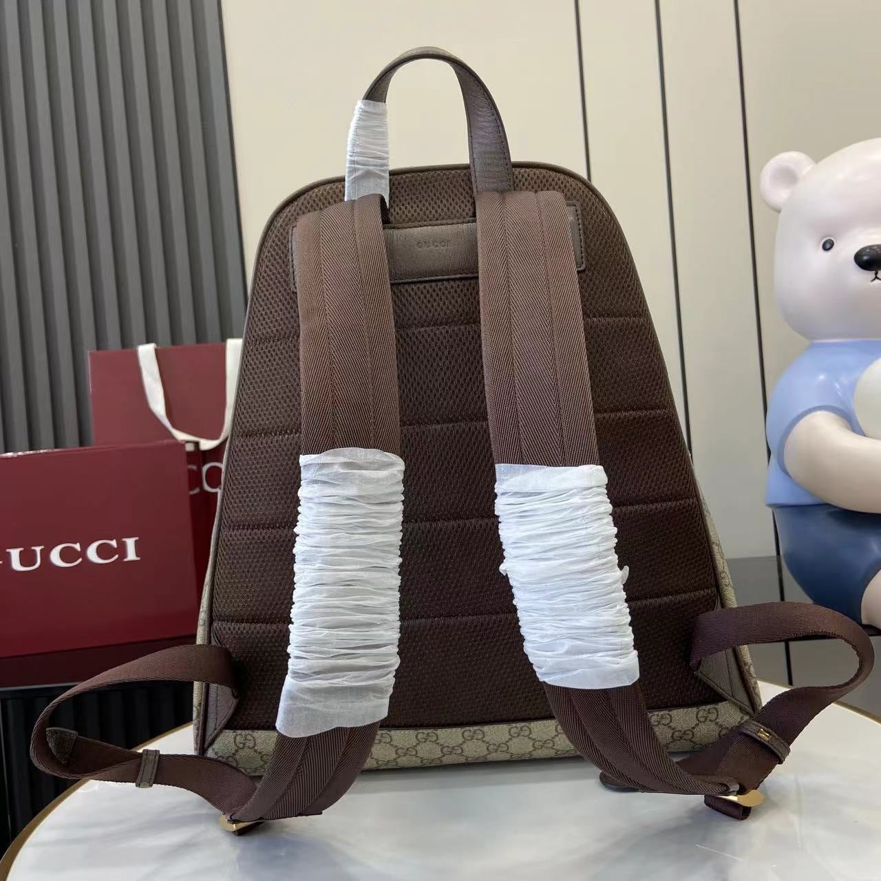 Gucci Beige Ebony GG Supreme Canvas Backpack With Web Stripe And Gold Tone Double G 834466