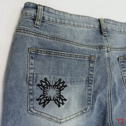 Amiri Light Blue Distressed Jeans With Colorful Embroidered Patterns