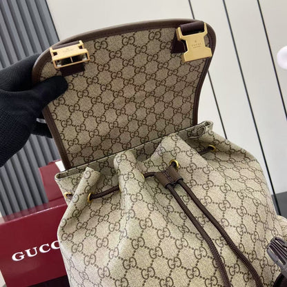 Classic Gucci Backpack With Iconic GG Pattern Web Stripe And Gold Accents For Timeless Style 839110