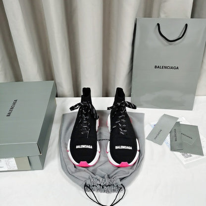 Balenciaga Unisex Black Pink Accent Lace-up Sock Sneakers Fashion Statement for Men and Women