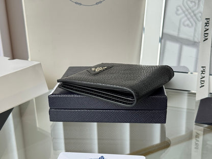 Prada Black Grained Leather Bi - Fold Wallet With Signature Logo 2M0513