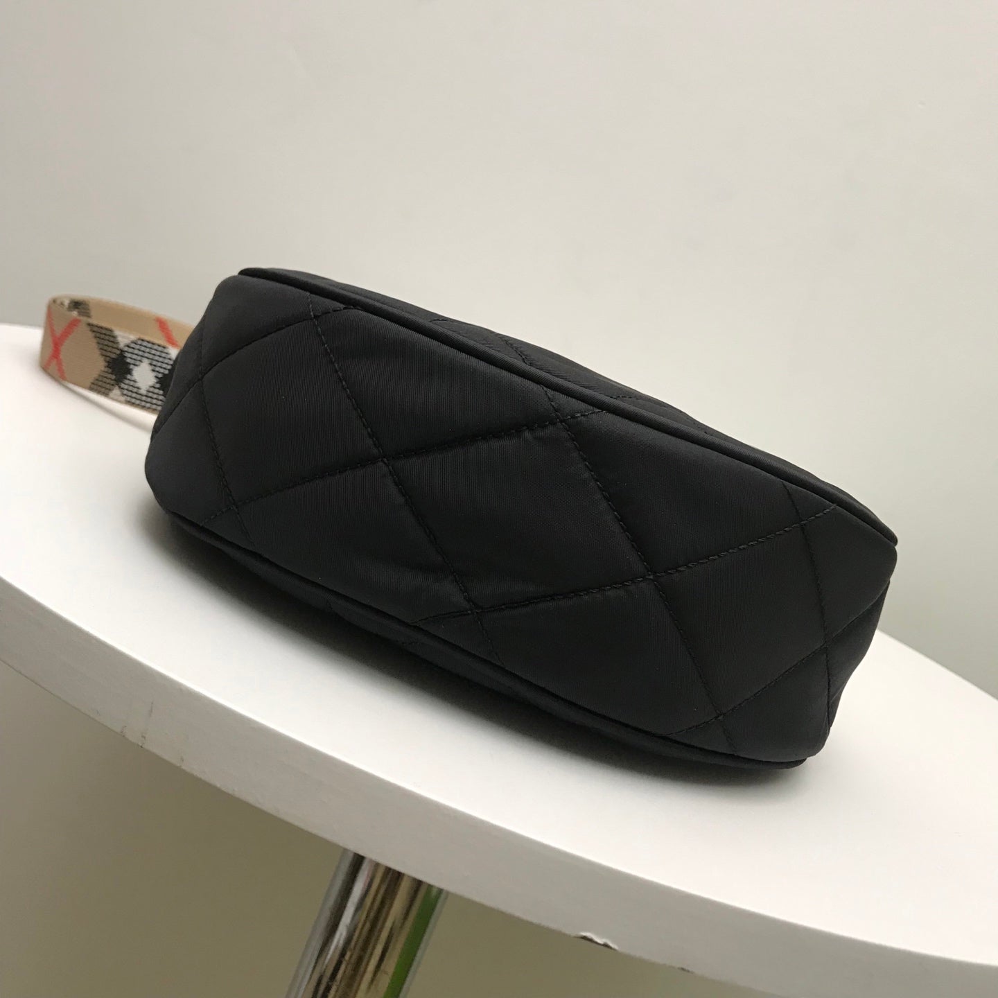 Stylish Black/Red Quilted Burberry Crescent Bag With Checkered Strap And Gold Logo Style No.235