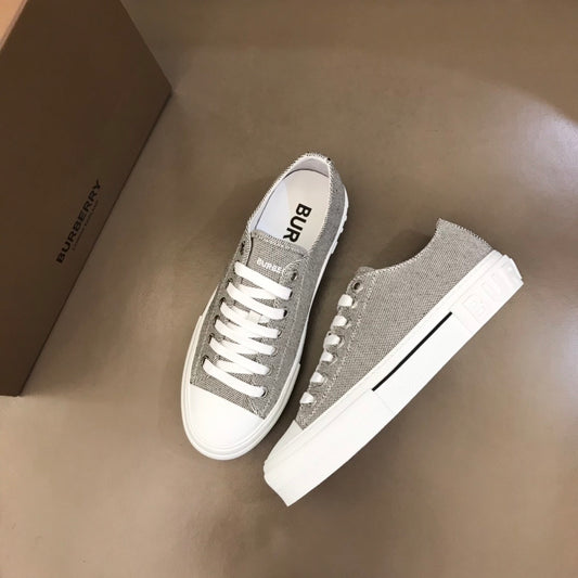 Burberry Unisex Grey Textured Canvas Sneakers Fashionable Comfortable Footwear For Men And Women With Minimalist Design