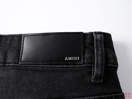 Amiri Black Distressed Jeans With Plaid Patches And Paint Splatters