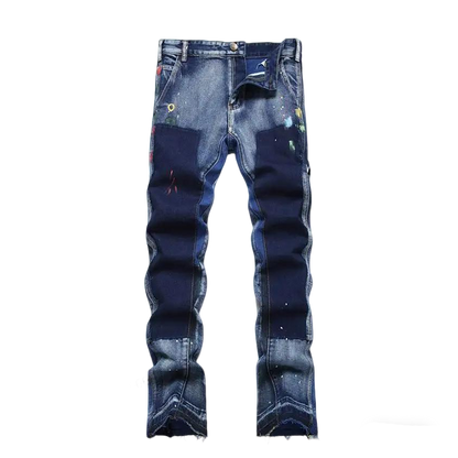 Off - White Men's Jeans With Artistic Paint Splatter And Patchwork Design