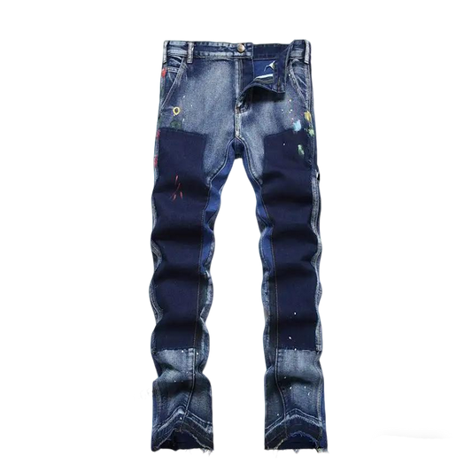 Off - White Men's Jeans With Artistic Paint Splatter And Patchwork Design