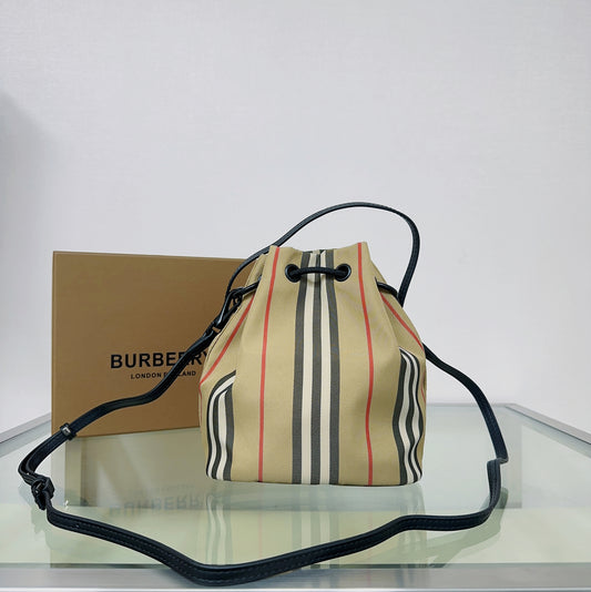 Classic Beige Burberry Striped Bucket Bag With Drawstring Closure And Leather Straps Style No.1151