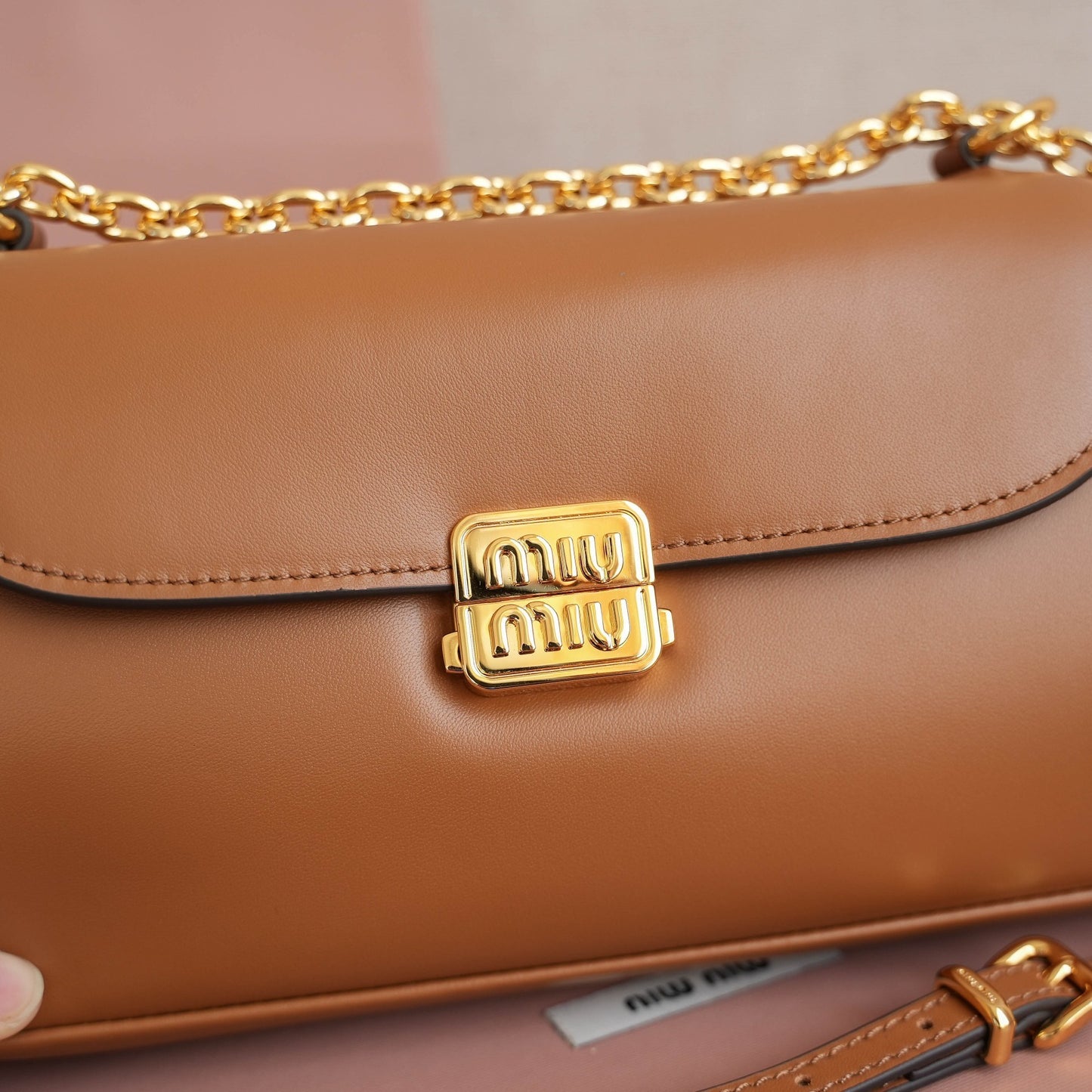 Miu Miu Brown Leather Crossbody Bag With Gold Chain Strap 5BD266