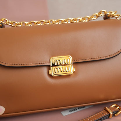 Miu Miu Brown Leather Crossbody Bag With Gold Chain Strap 5BD266
