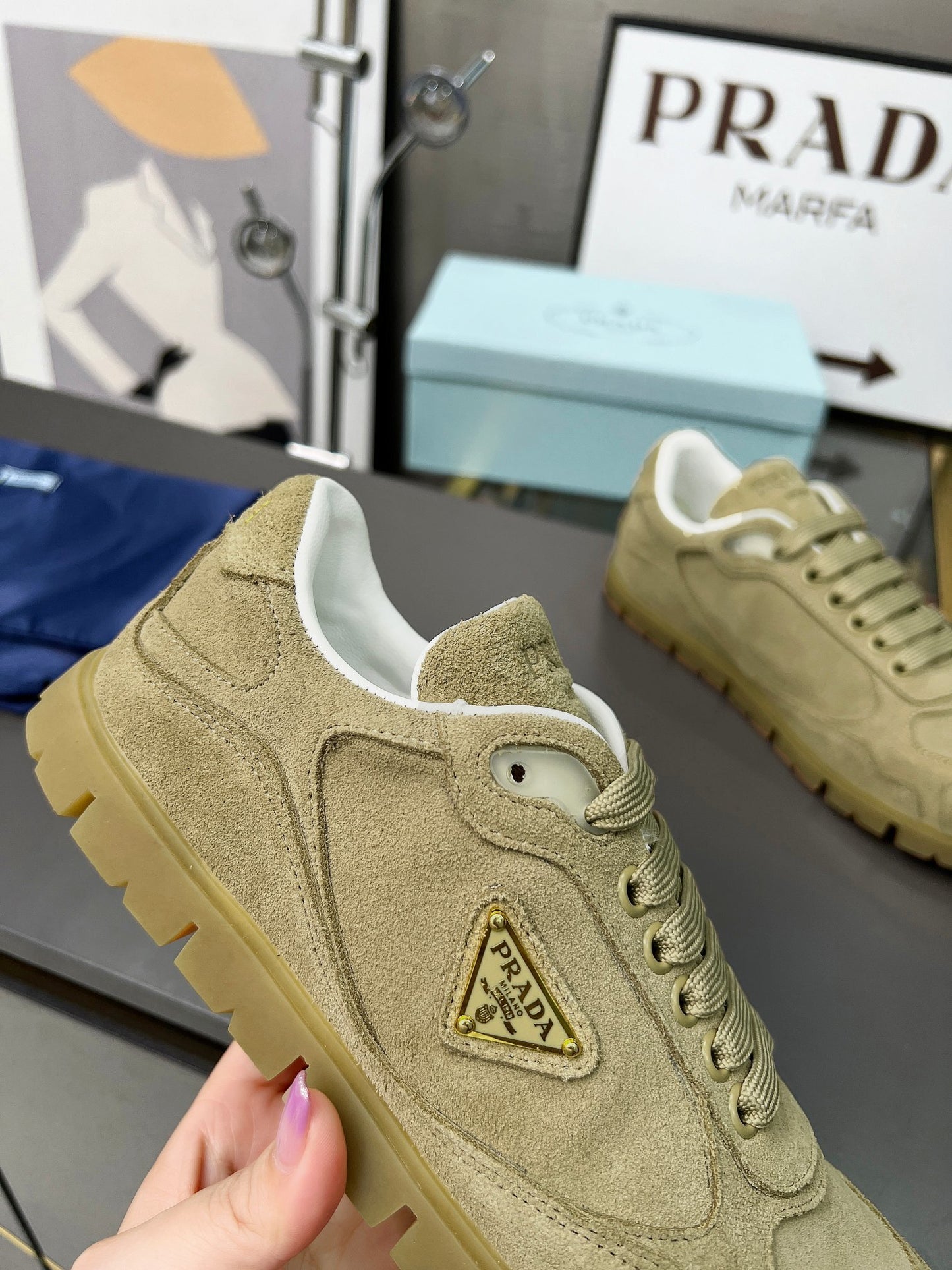 Prada Unisex Sneakers Triangle Logo Suede Luxury Sneakers