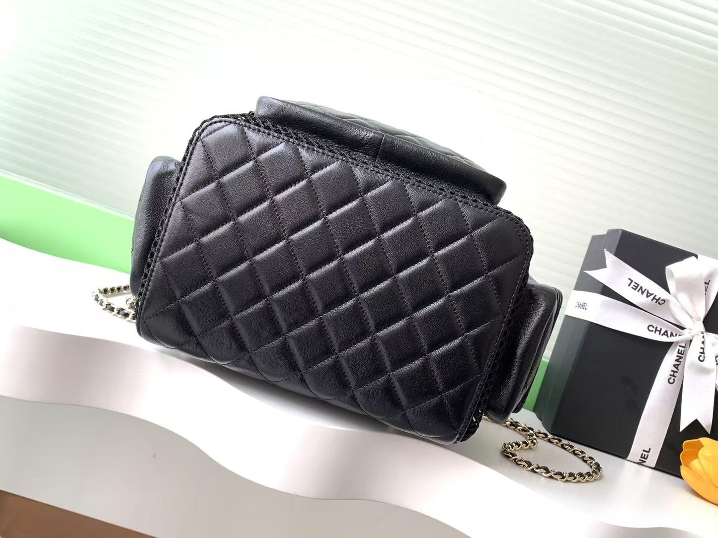 Chanel Black/White Quilted Leather Backpack With Mesh Panels And Gold Tone Chain Details AS5492
