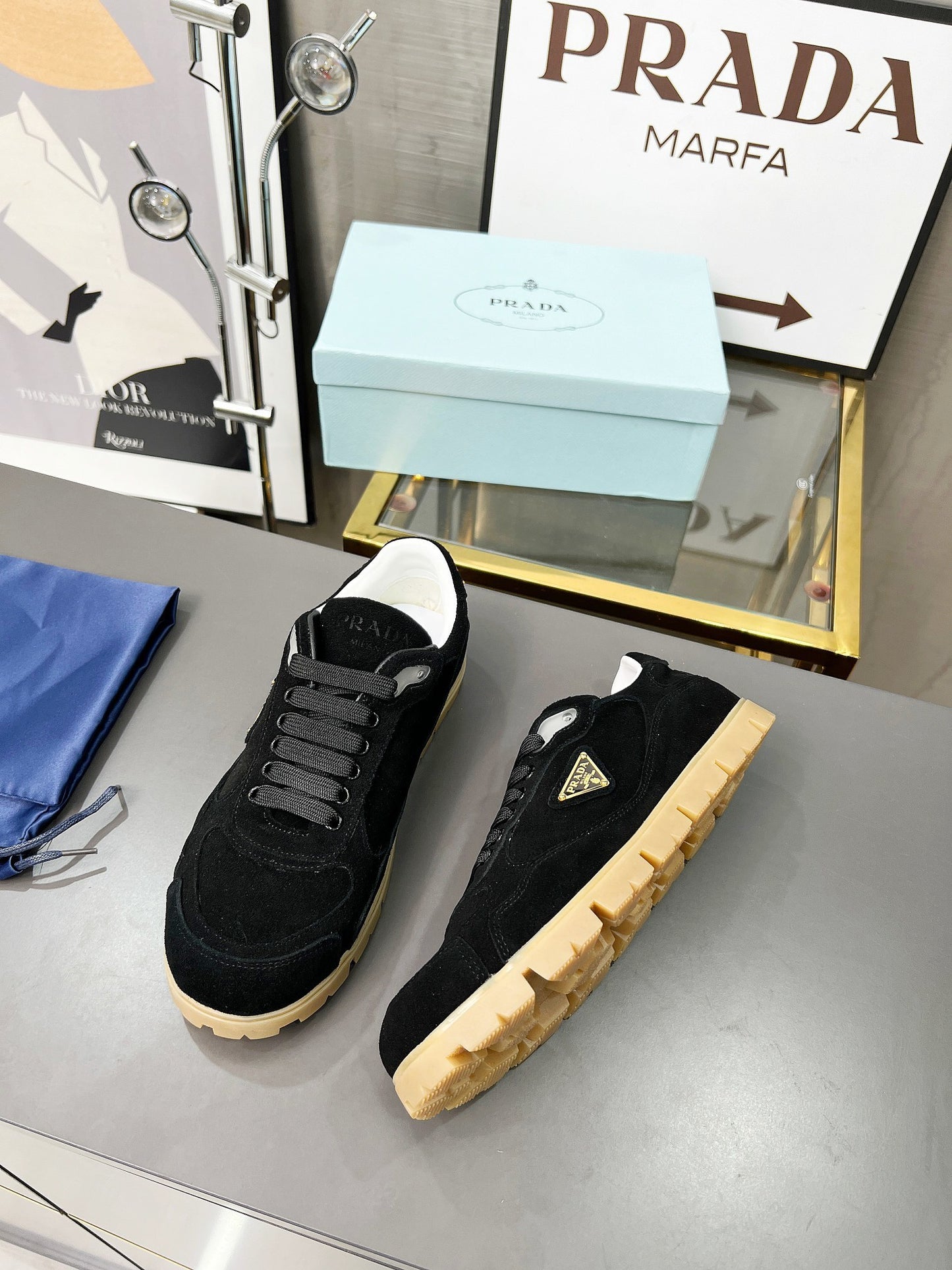 Prada Unisex Sneakers Triangle Logo Suede Luxury Sneakers