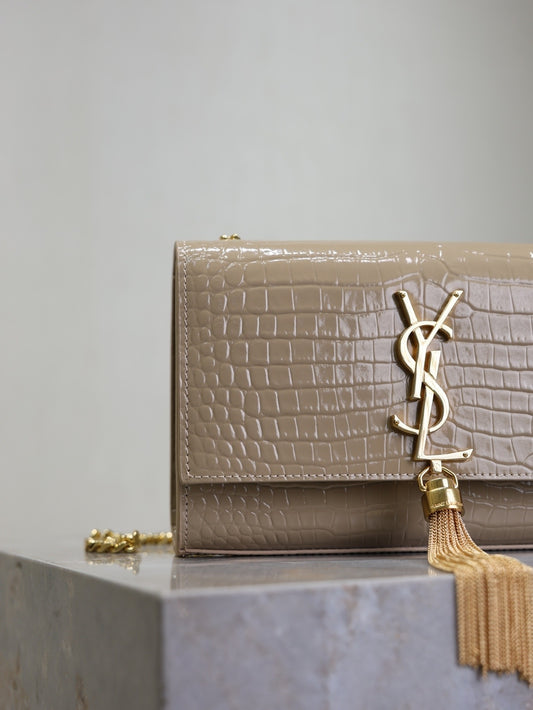 Chic Beige Croc - Embossed YSL KATE Crossbody Bag with Tassel 469390