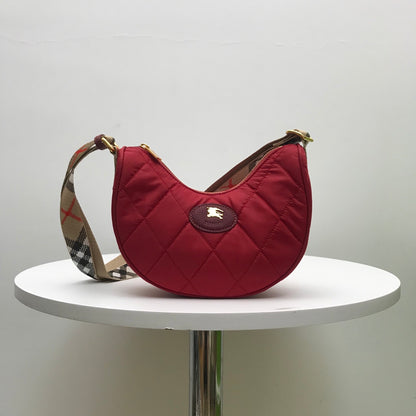 Stylish Black/Red Quilted Burberry Crescent Bag With Checkered Strap And Gold Logo Style No.235