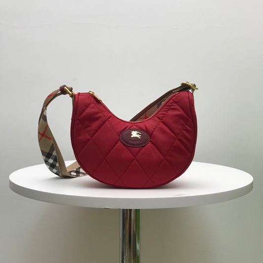Stylish Black/Red Quilted Burberry Crescent Bag With Checkered Strap And Gold Logo Style No.235