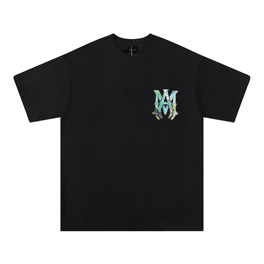 AMIRI White/Black Tee With Colorful Camo Logo For Stylish Streetwear Looks