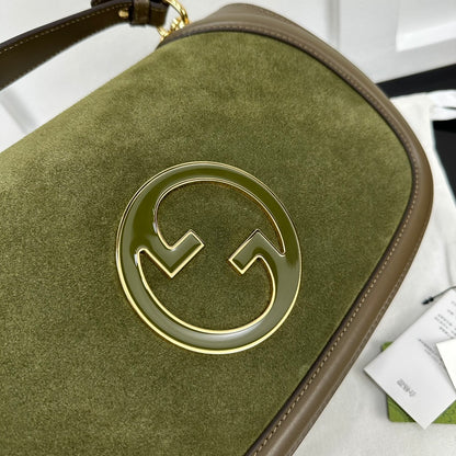 Gucci Olive Green/Brown Suede Shoulder Bag With Gold Tone Interlocking G Logo And Leather Trims