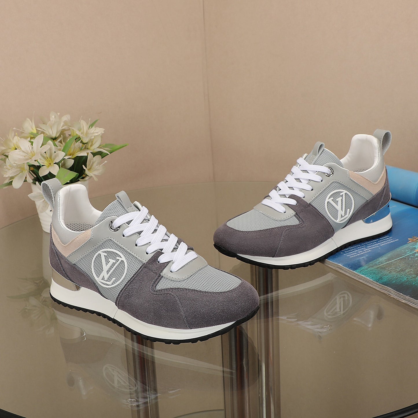 Louis Vuitton Women's Grey Mesh and Suede Sneakers with Iconic Logo