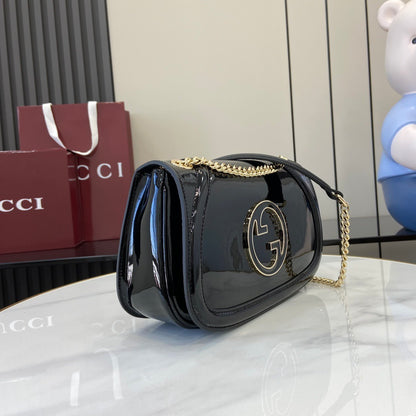 Gucci Black Patent Leather Shoulder Bag With Gold Tone Interlocking G Logo And Chain Strap 815715