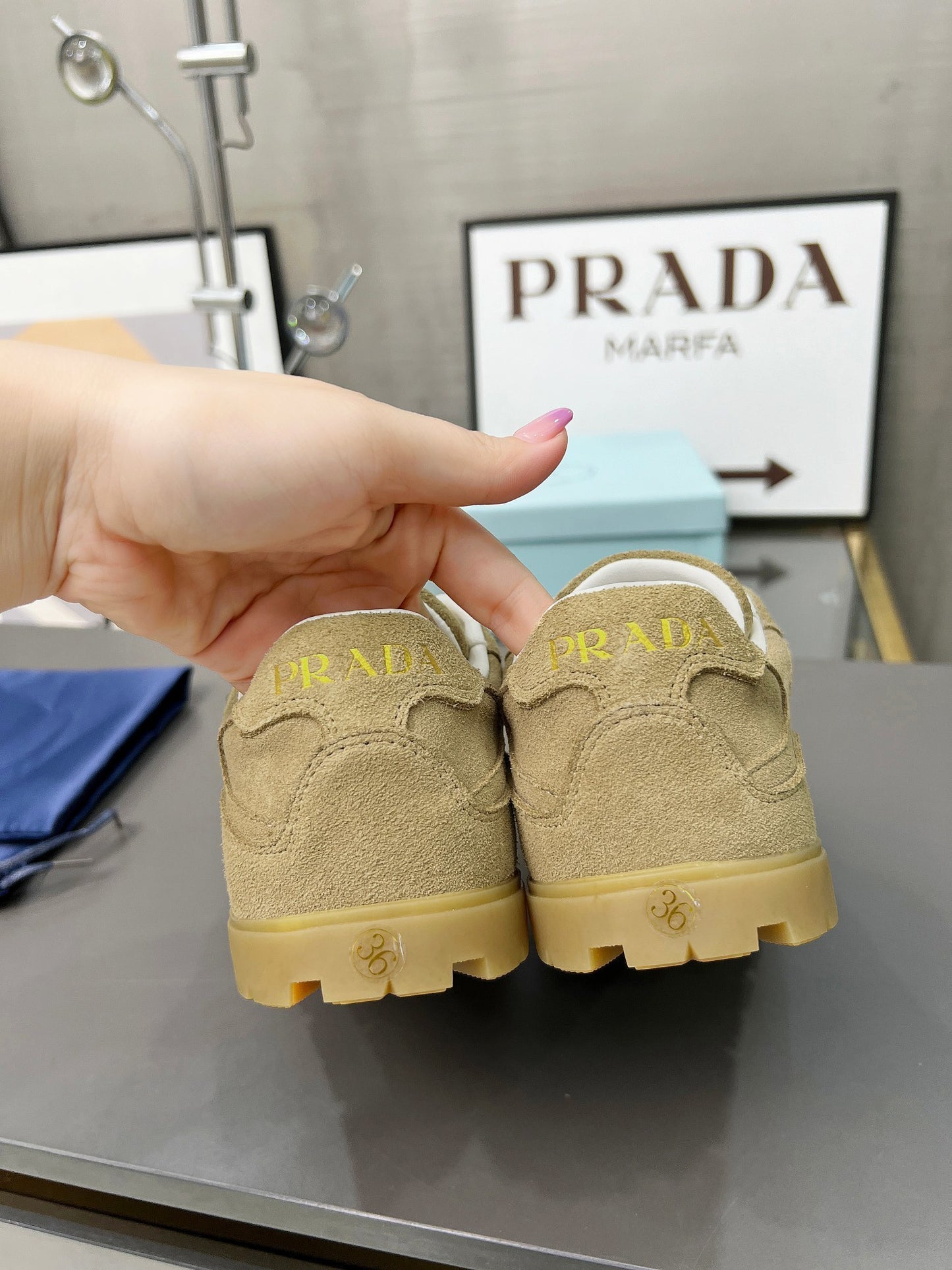 Prada Unisex Sneakers Triangle Logo Suede Luxury Sneakers